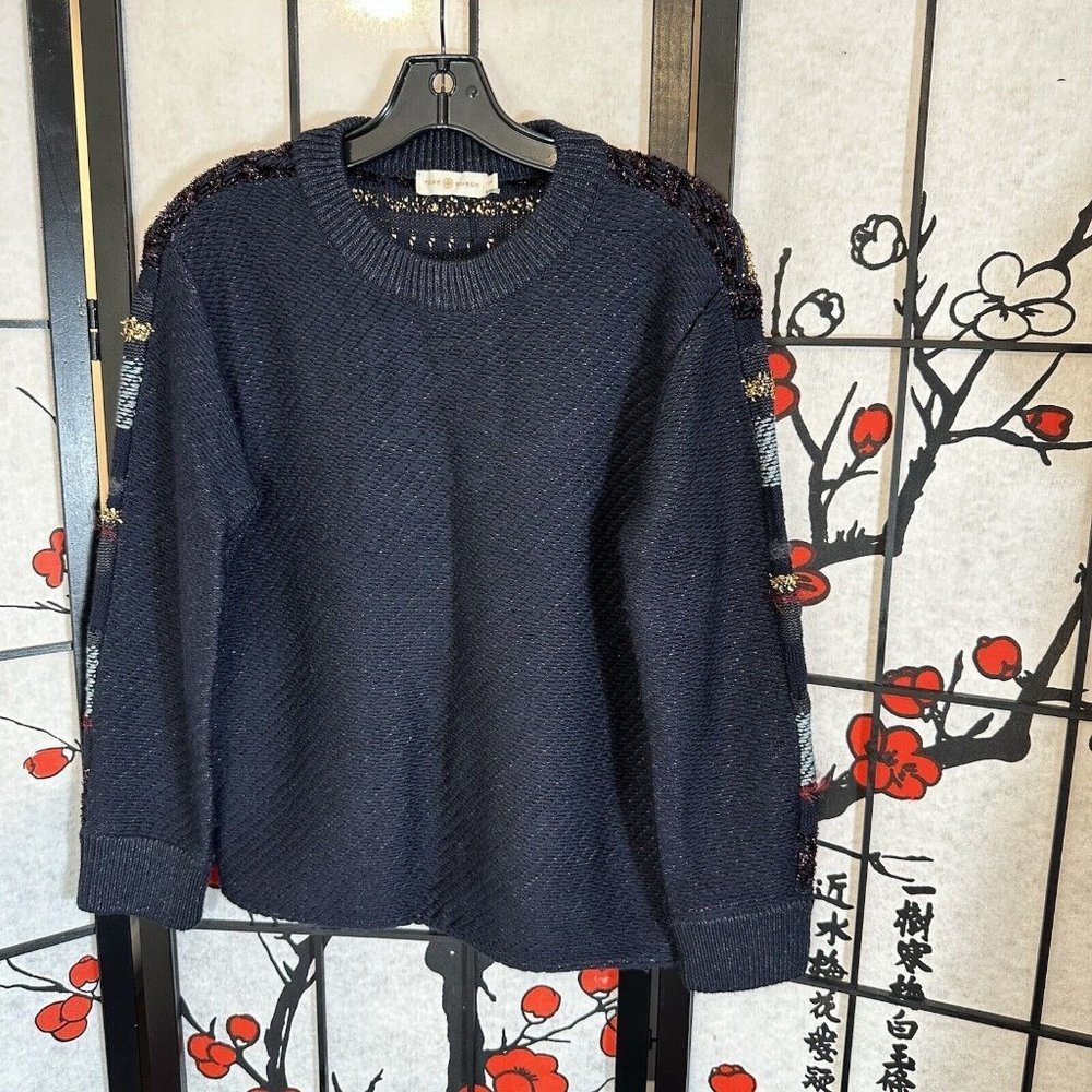 Tory Burch Sweater Stripe Metallic Merino Wool Alpaca Blend Danielle Navy Thick - Picture 11 of 11